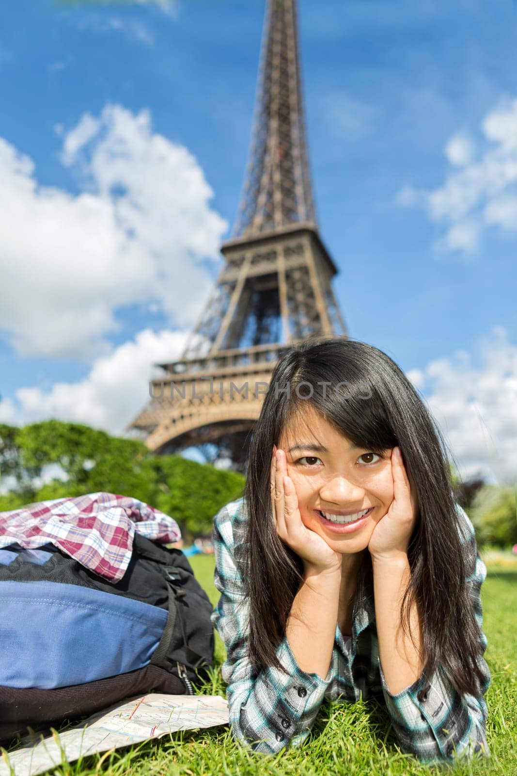 View of a Young attractive asian tourist enjoying her Paris trip