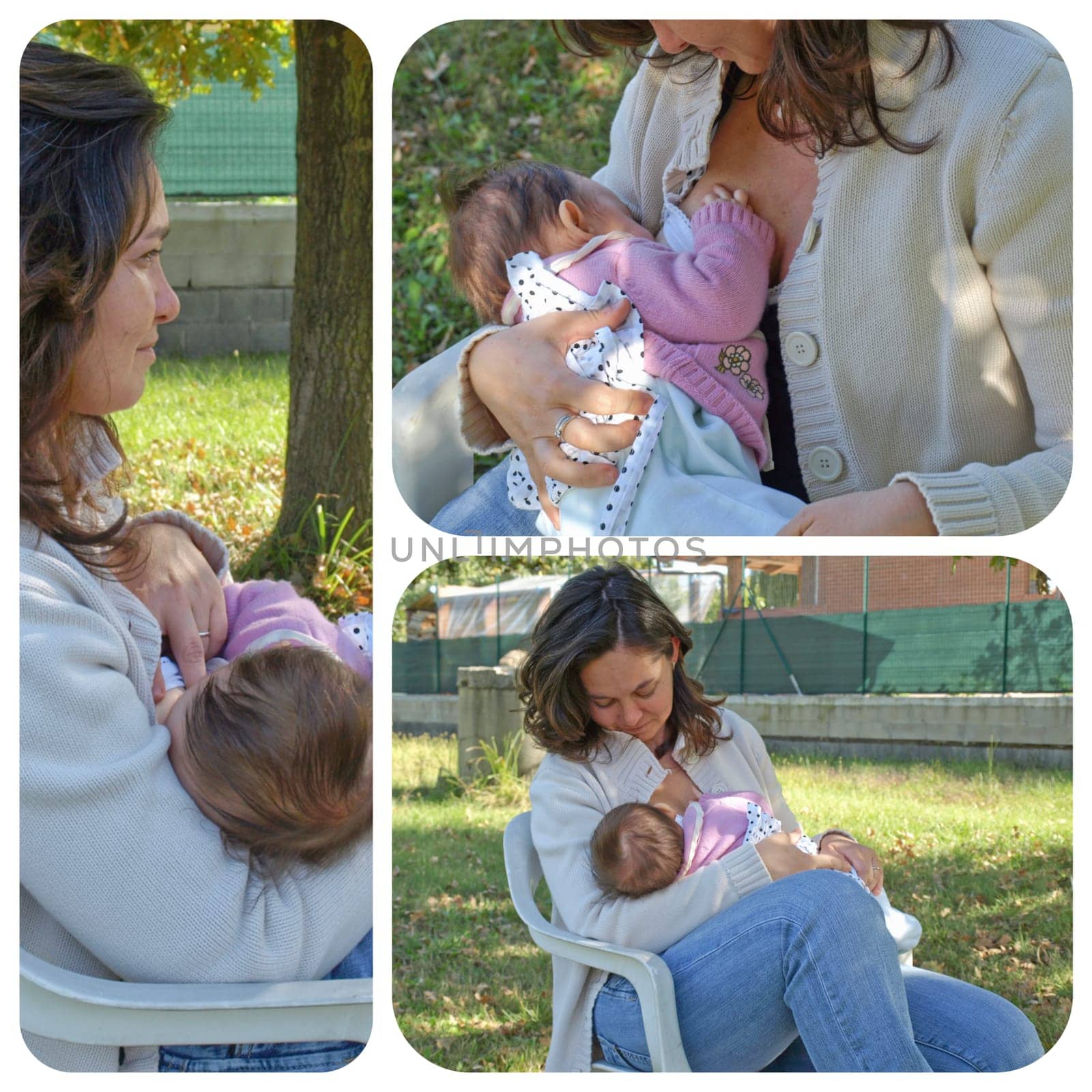Collage of young brunette mother breastfeeding her daughter outdoor in the park