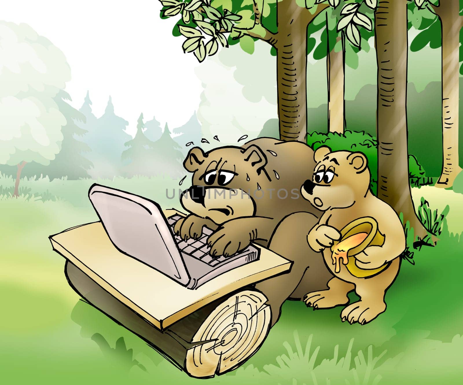 Brown bear and bear cub surfing on the laptop