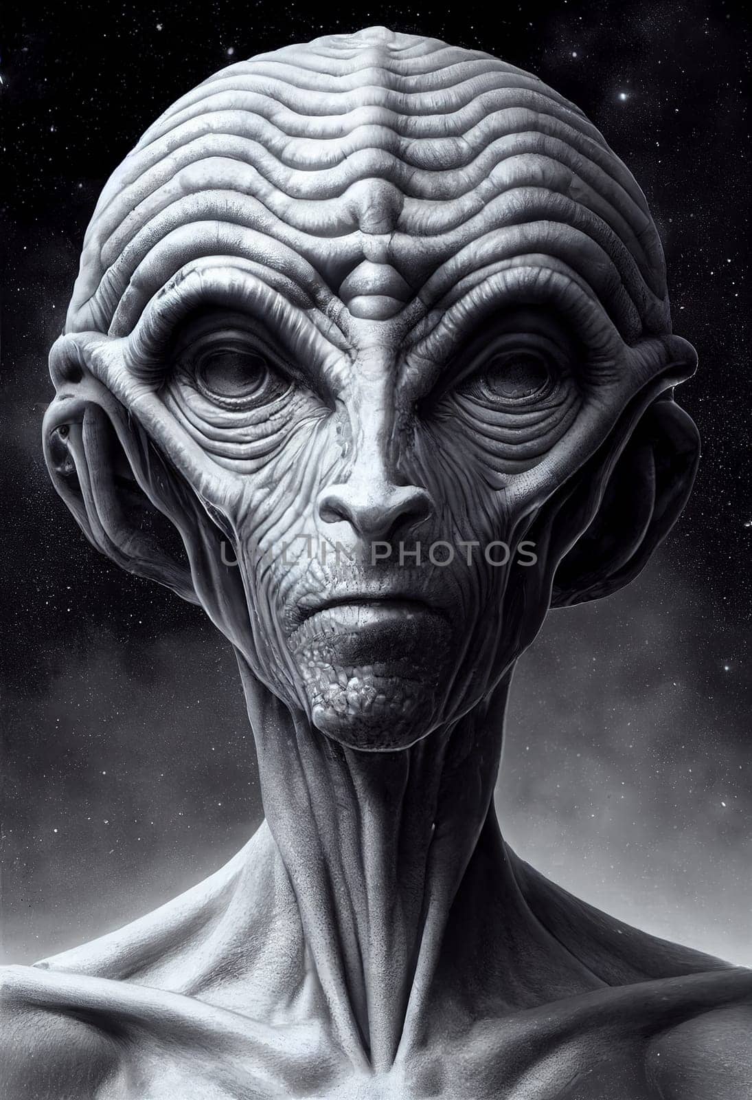 Portrait of an alien, science fiction of extraterrestrial invasion, visit of the greys, conspiracy of paranormal civilization