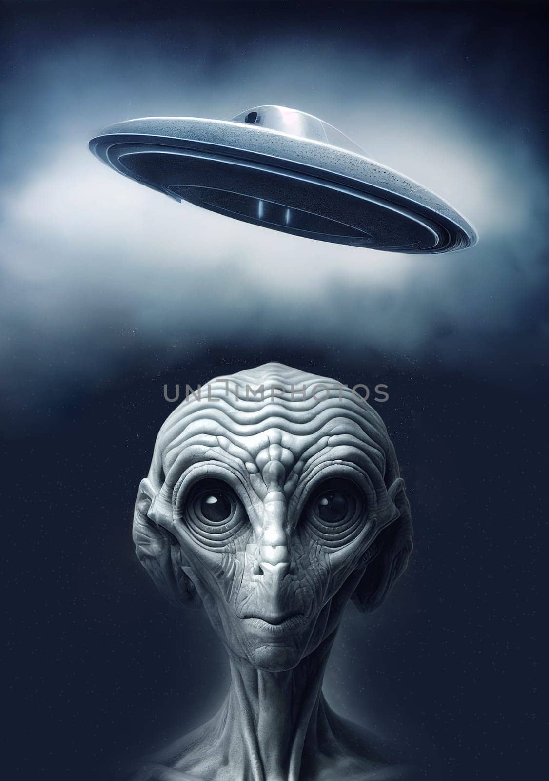 Illustration of an alien with a spaceship flying over the head, extraterrestrial invasion, conspiracy and science fiction