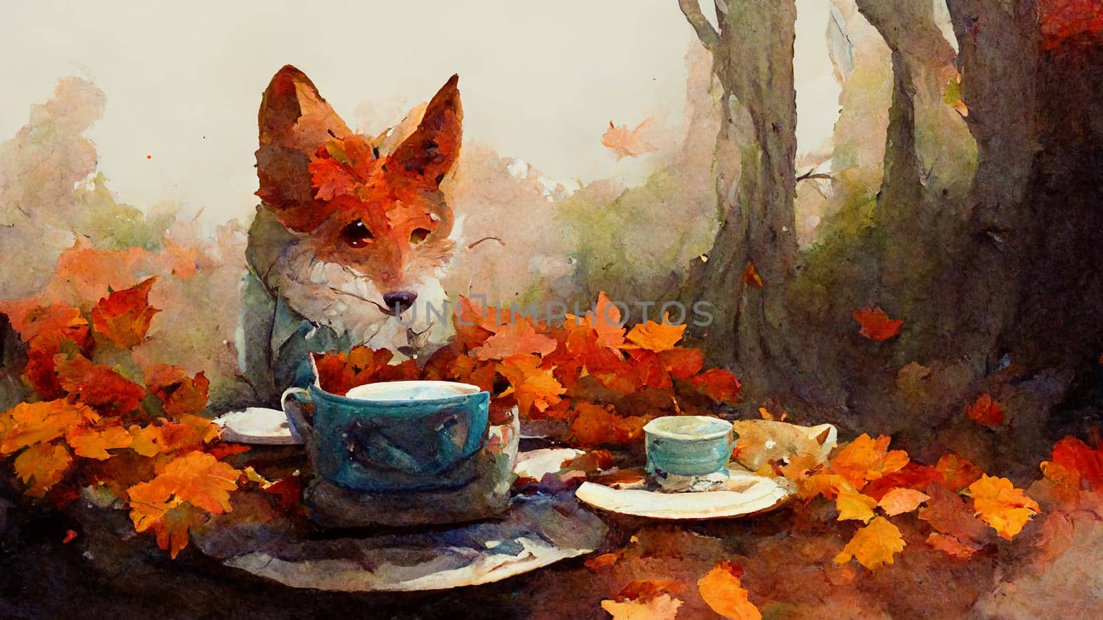 Illustration of a fox sitting in the forest and drinking a cup of hot tea, autumn season with colorful foliage