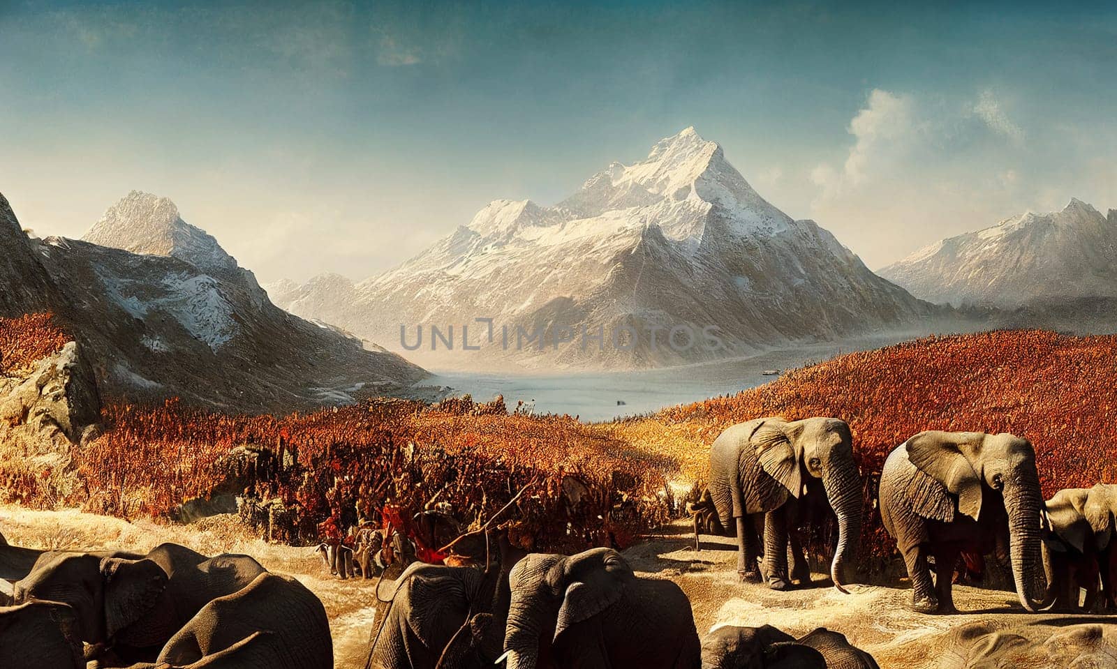 Illustration of Hannibal crossing the alps with elephants to the north of Italy, history of the invasion of the carthaginian army