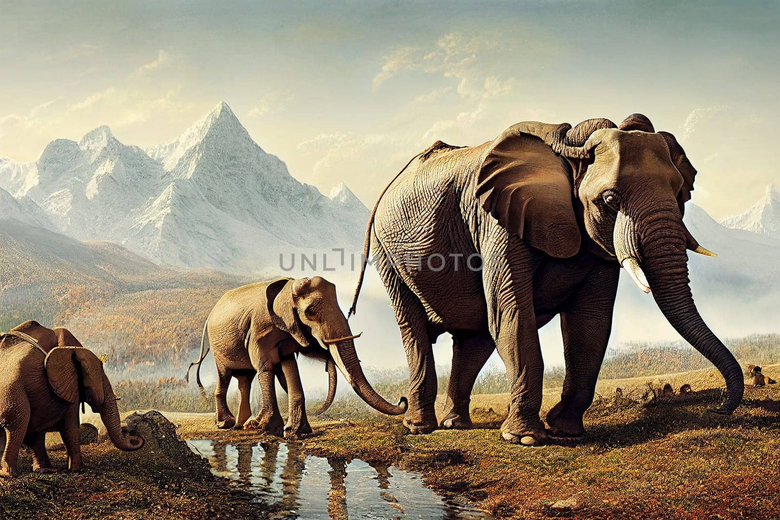 Illustration of Hannibal crossing the alps with elephants to the north of Italy, history of the invasion of the carthaginian army