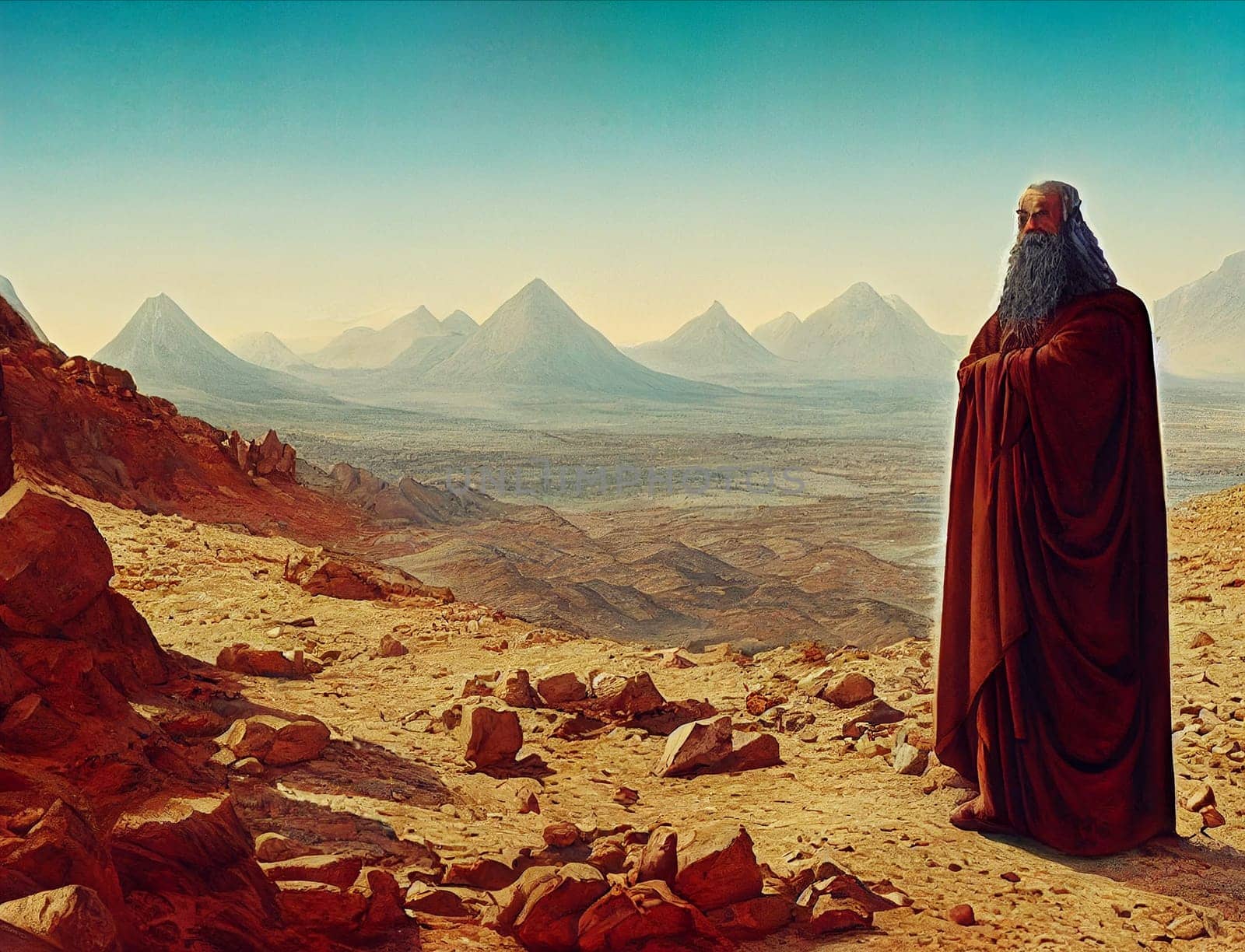 Illustration of Moses receiving the ten commandments at Mount Sinai, religion and faith, prophet of judaism and christianity