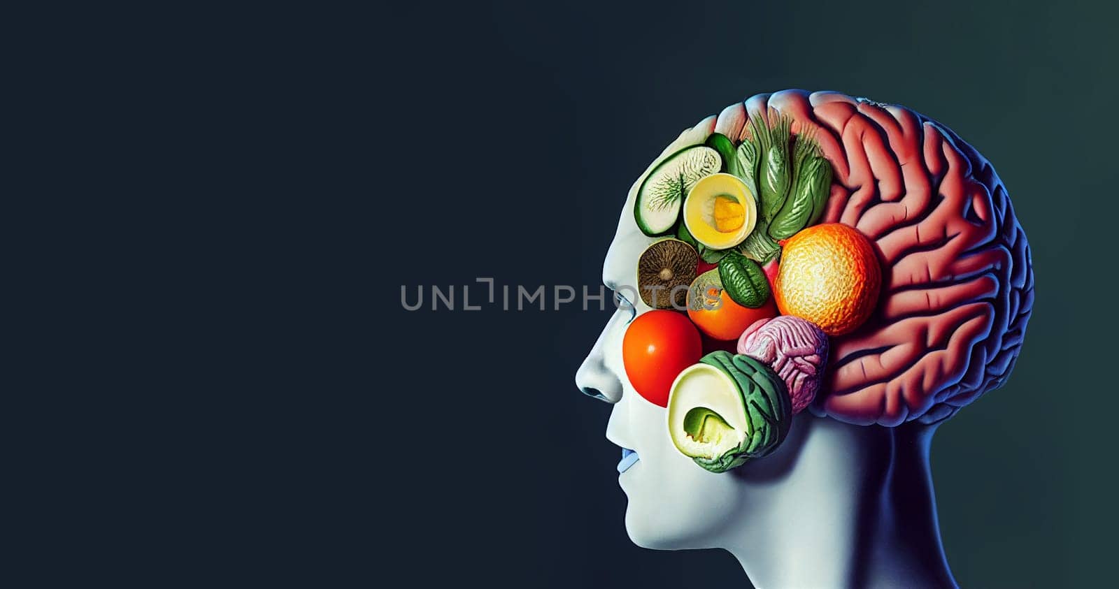 Illustration of a brain made from vegetables and fruit, healthy food and lifestyle, vegan nourishment