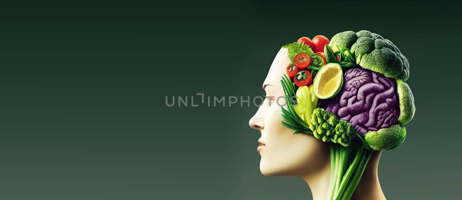 Illustration of a brain made from vegetables like broccoli, avocado and leek, healthy food and lifestyle, vegan nourishment