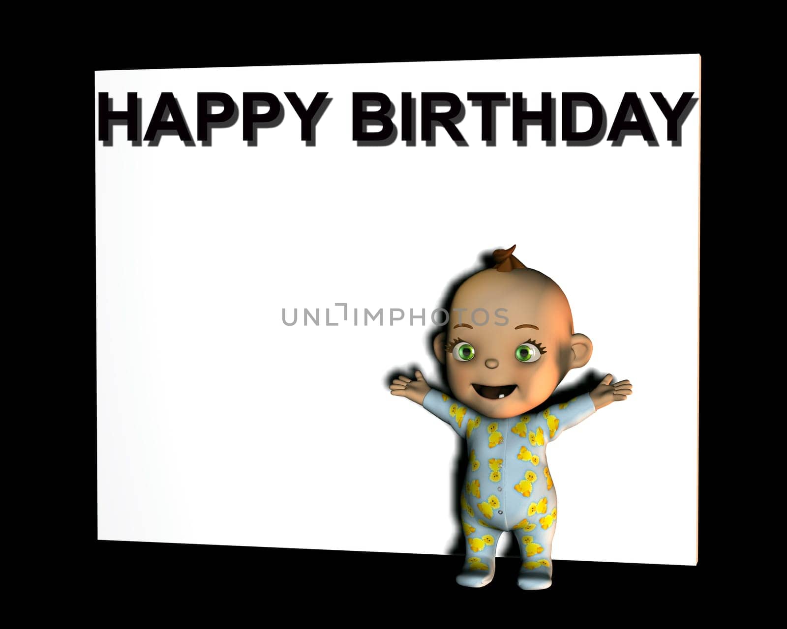 A baby in front of a white sign with the words happy birthday on them.