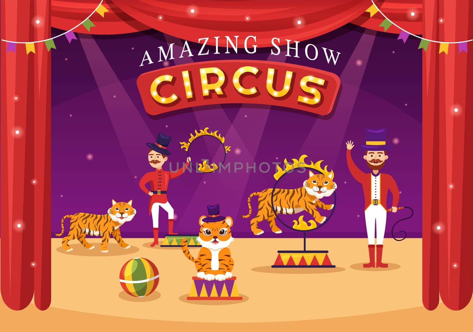 Circus Template Hand Drawn Cartoon Flat Illustration with Show of Gymnast, Magician, Animal Lion, Host, Entertainer, Clowns and Amusement Park