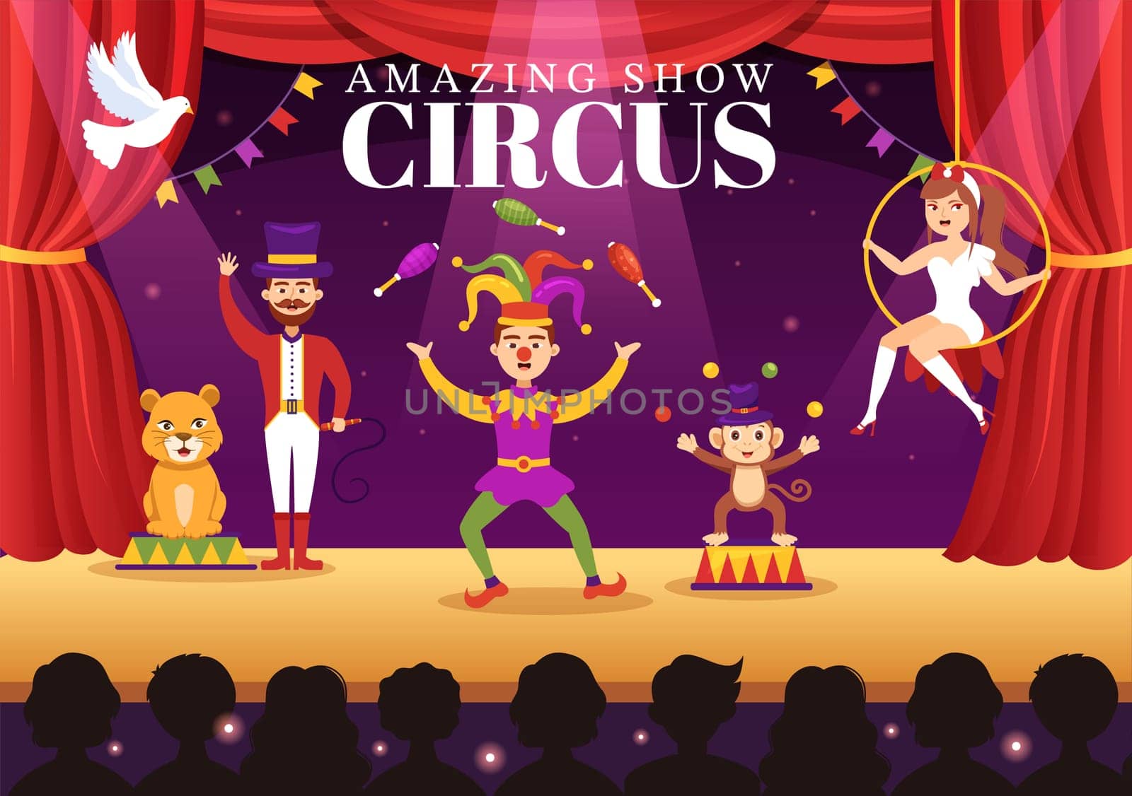 Circus Template Hand Drawn Cartoon Flat Illustration with Show of Gymnast, Magician, Animal Lion, Host, Entertainer, Clowns and Amusement Park
