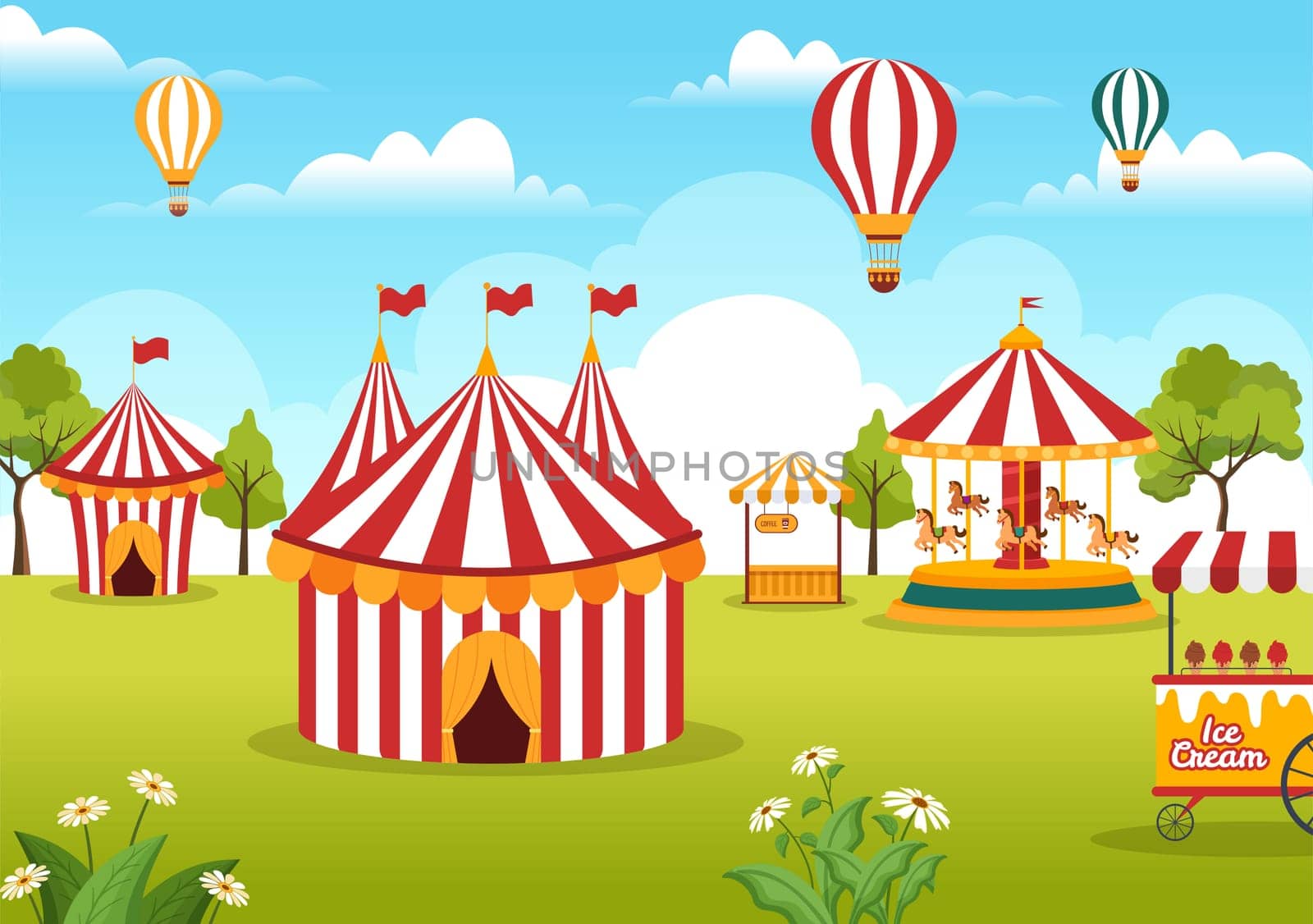 Circus Template Hand Drawn Cartoon Flat Illustration with Show of Gymnast, Magician, Animal Lion, Host, Entertainer, Clowns and Amusement Park