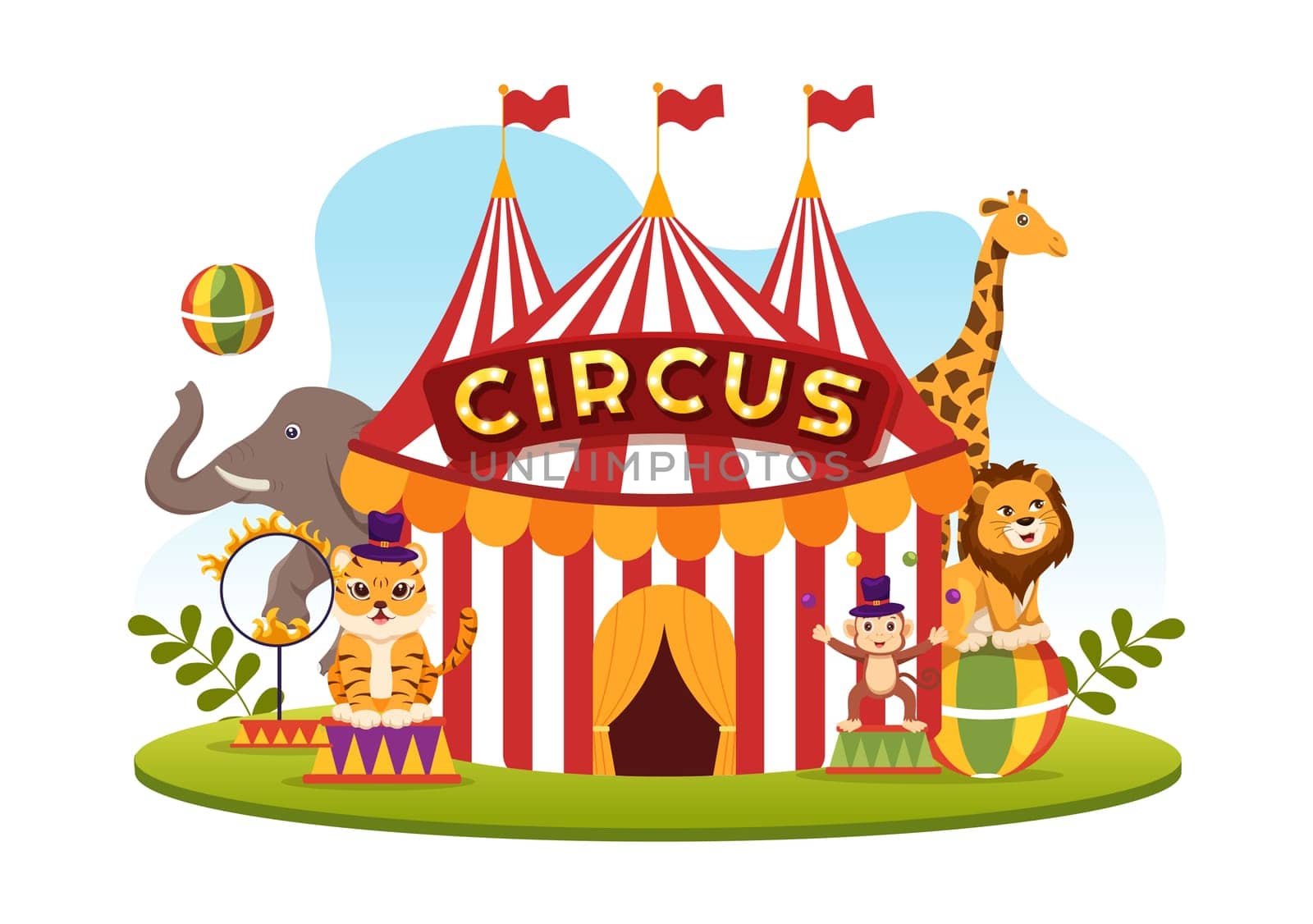 Circus Template Hand Drawn Cartoon Flat Illustration with Show of Gymnast, Magician, Animal Lion, Host, Entertainer, Clowns and Amusement Park