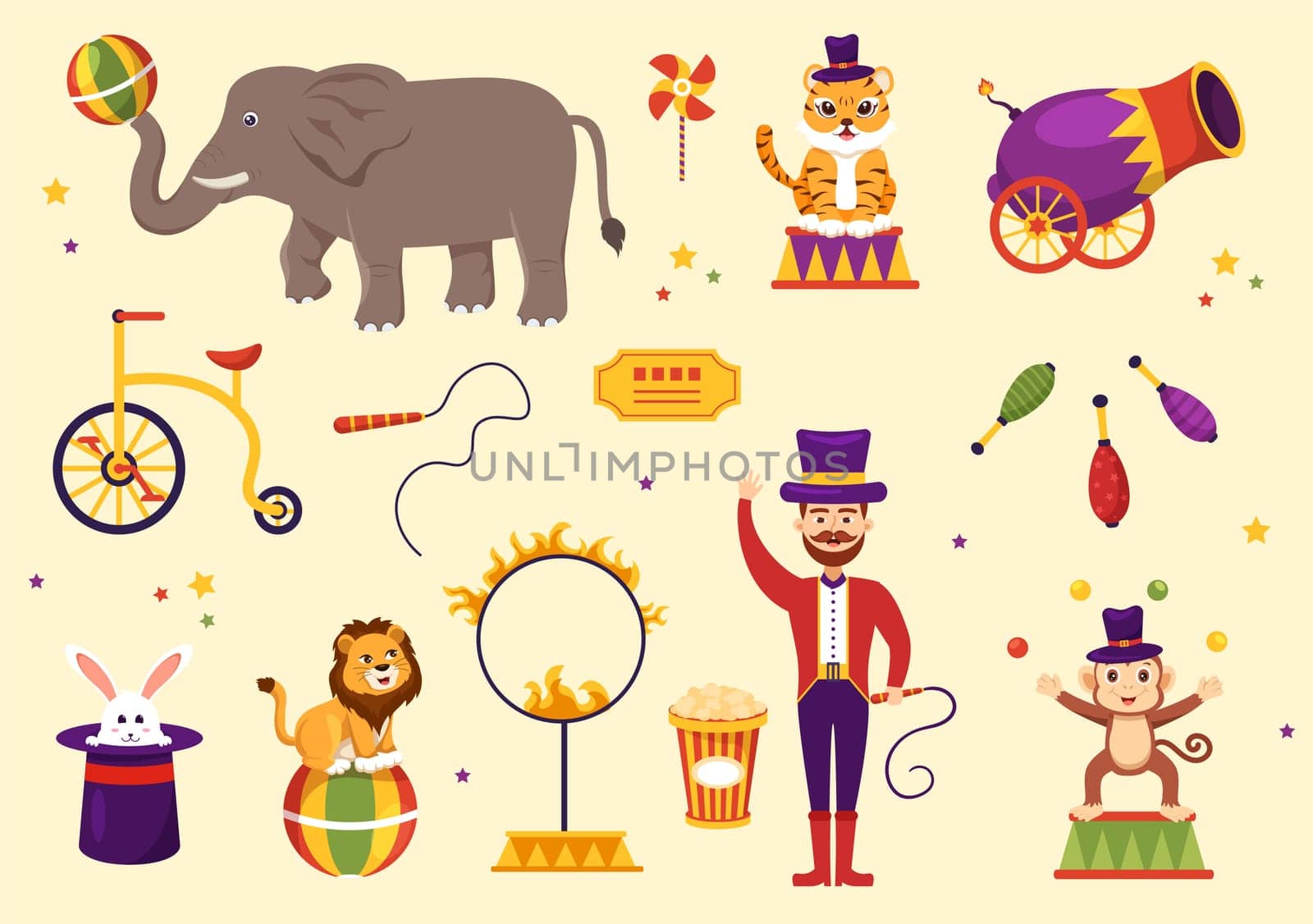 Circus Template Hand Drawn Cartoon Flat Illustration with Show of Gymnast, Magician, Animal Lion, Host, Entertainer, Clowns and Amusement Park