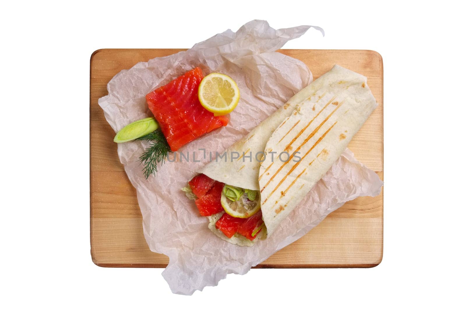 Top view of burrito with salmon and shallot isolated on white background