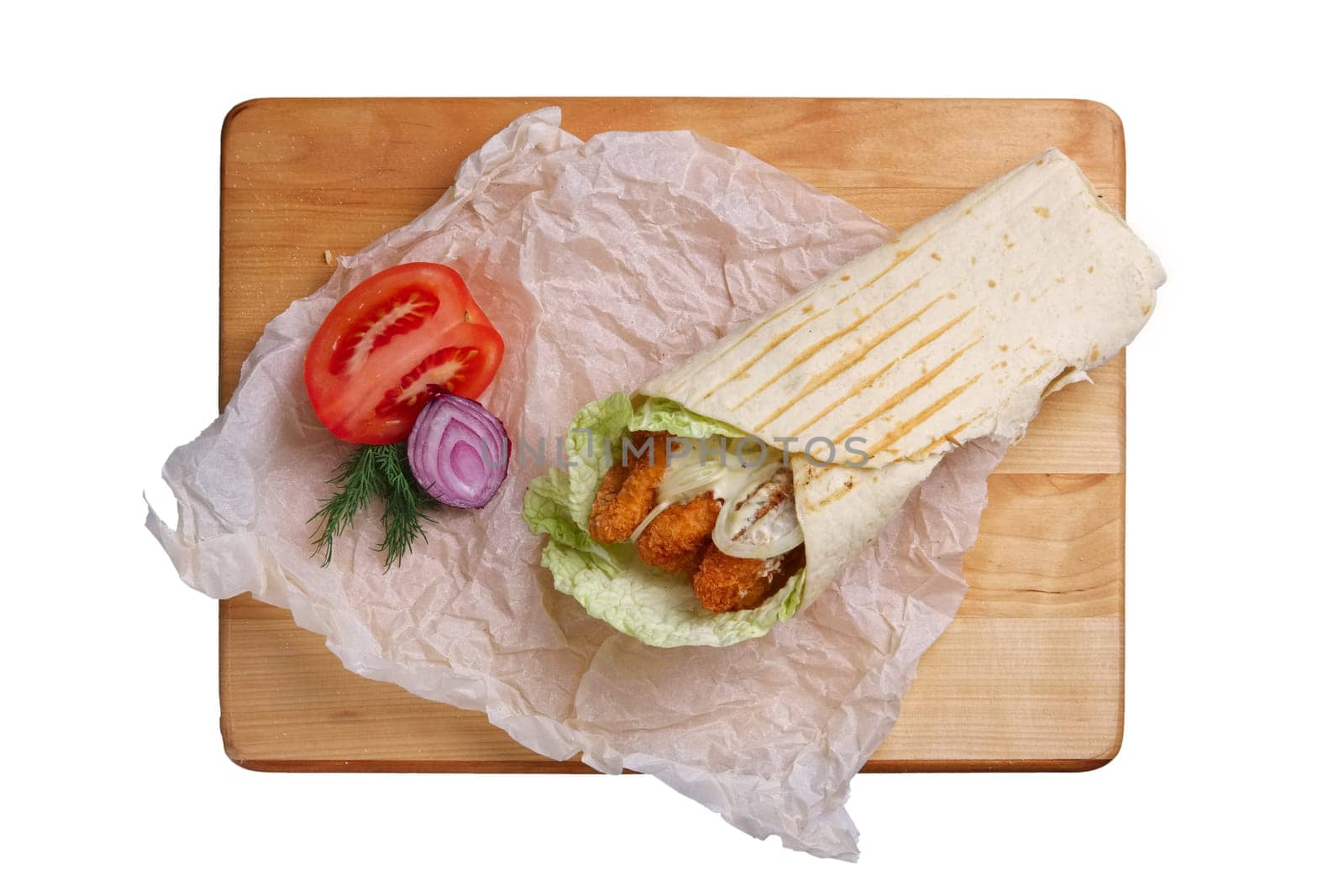 Vegan burrito with deep fried onion and tomato
