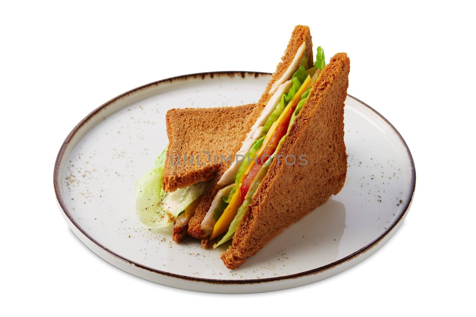 Club sandwich with chicken, cucumber, salad and cheese isolated on white
