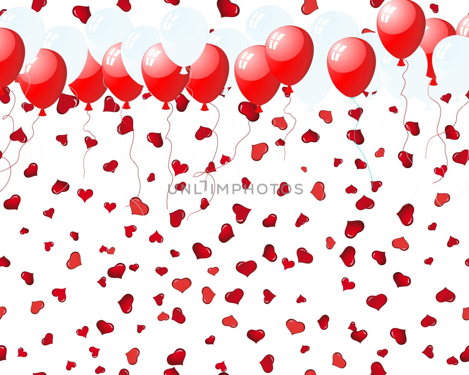 Beautiful balloons in the air on seamless hearts backgrond. Vector illustration.