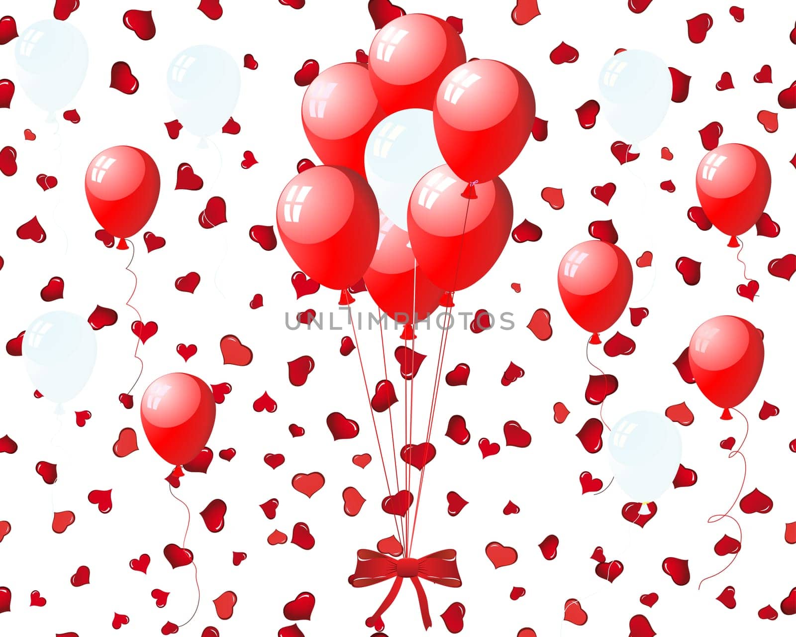 Beautiful balloons in the air on seamless hearts backgrond. Vector illustration.
