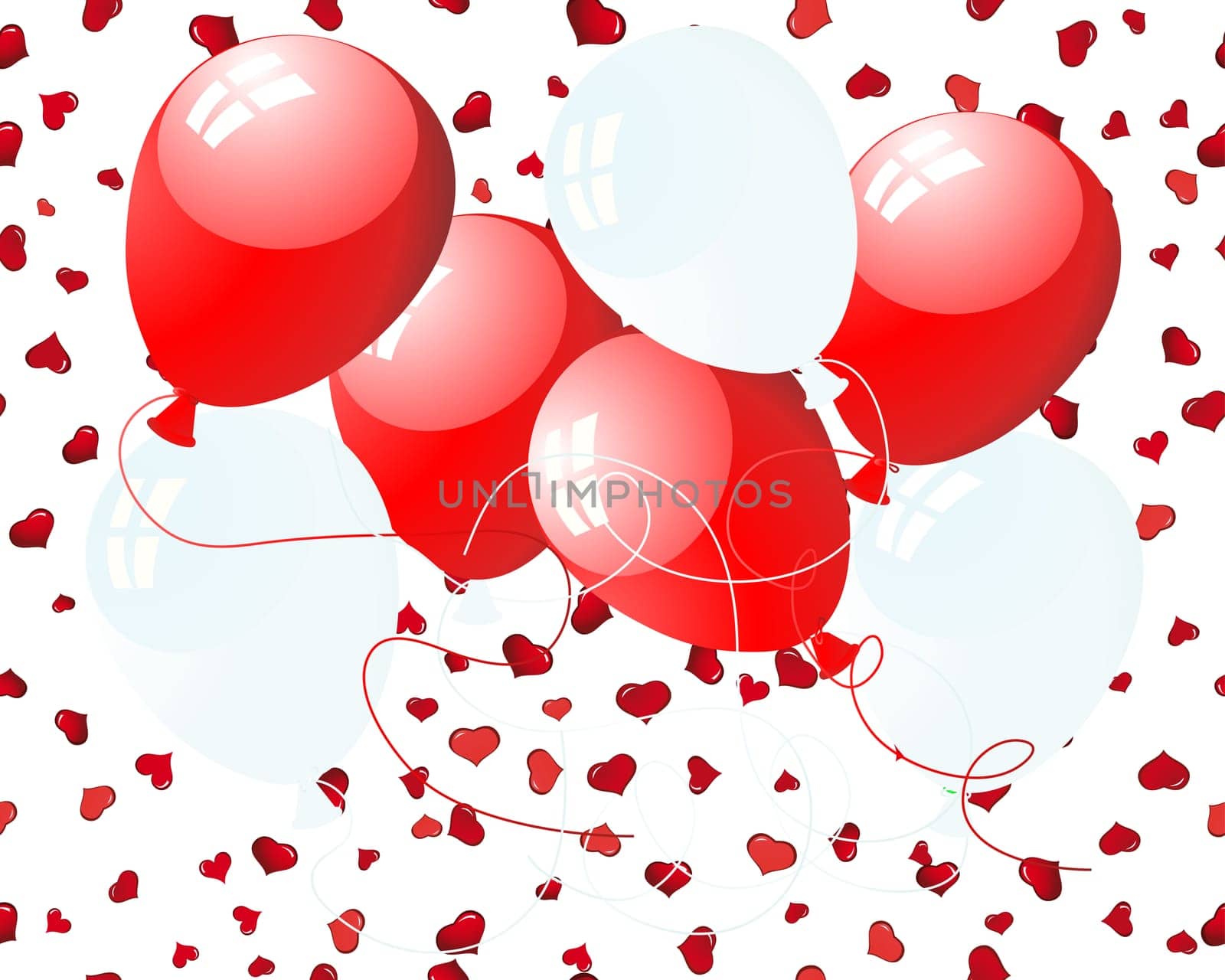 Beautiful balloons in the air on seamless hearts backgrond. Vector illustration.