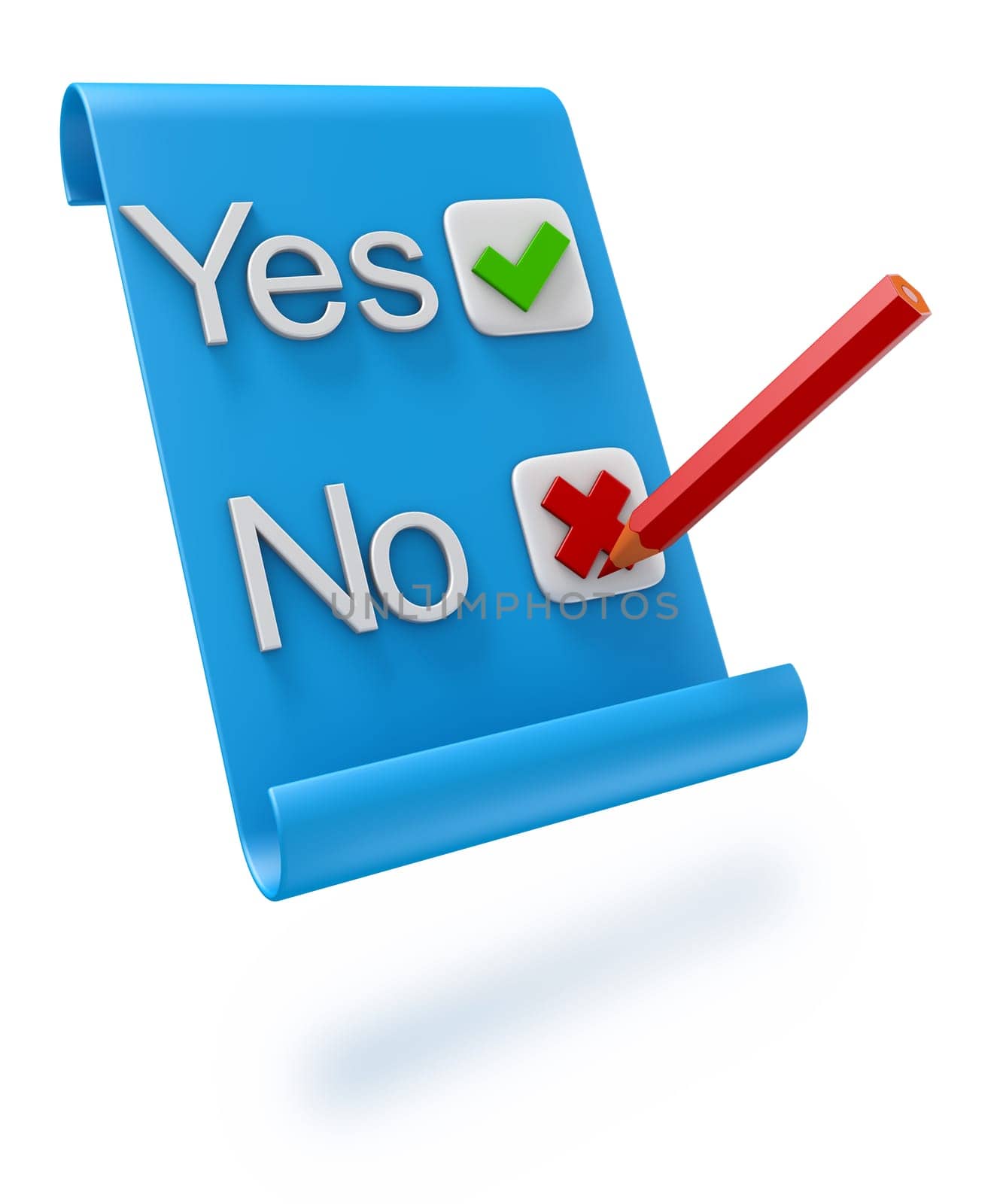 Checklist on clipboard paper with green checkmark and red cross. 3D render.