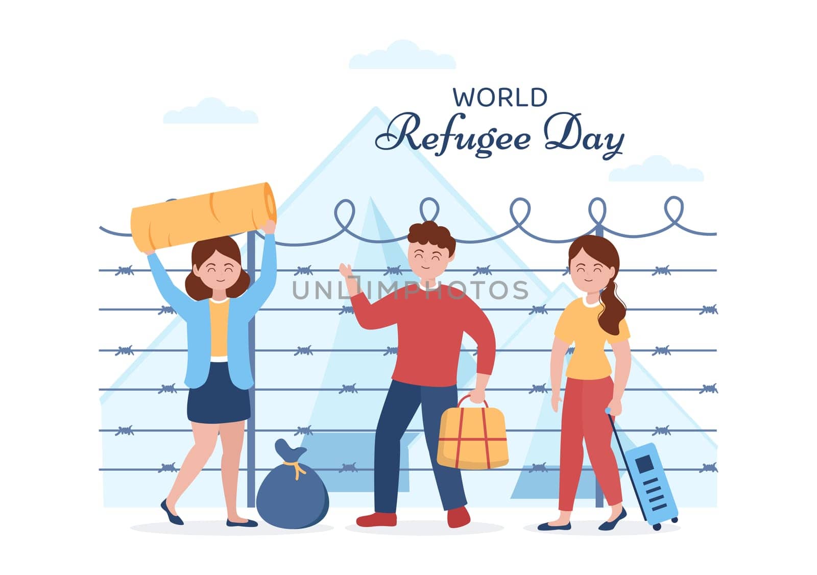 World Refugee Day Template Hand Drawn Cartoon Flat Illustration with Hands, Family and Climb Barbed Wire Fence to Immigrate to Save Place
