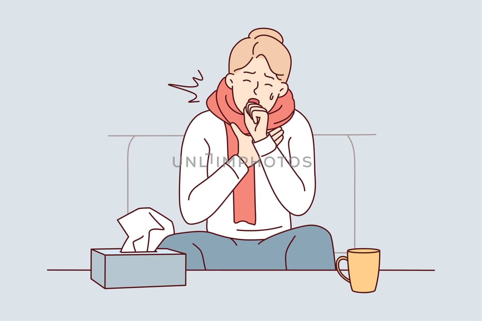 Unhealthy young man sit on sofa at home struggle with covid-19 symptoms. Unwell sick guy feeling bad coughing and sneezing having flu. Vector illustration.