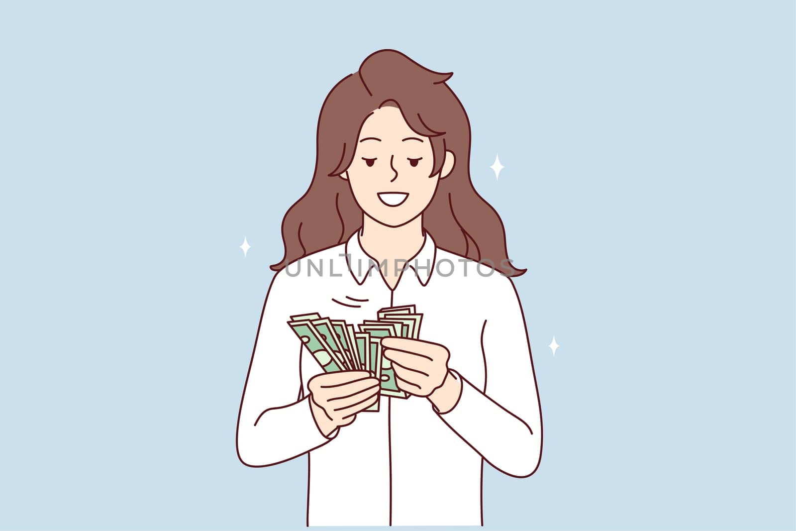 Smiling rich woman holding dollar bills in hands excited with win or promotion. Happy female count money joyful with income or revenue. Vector illustration.