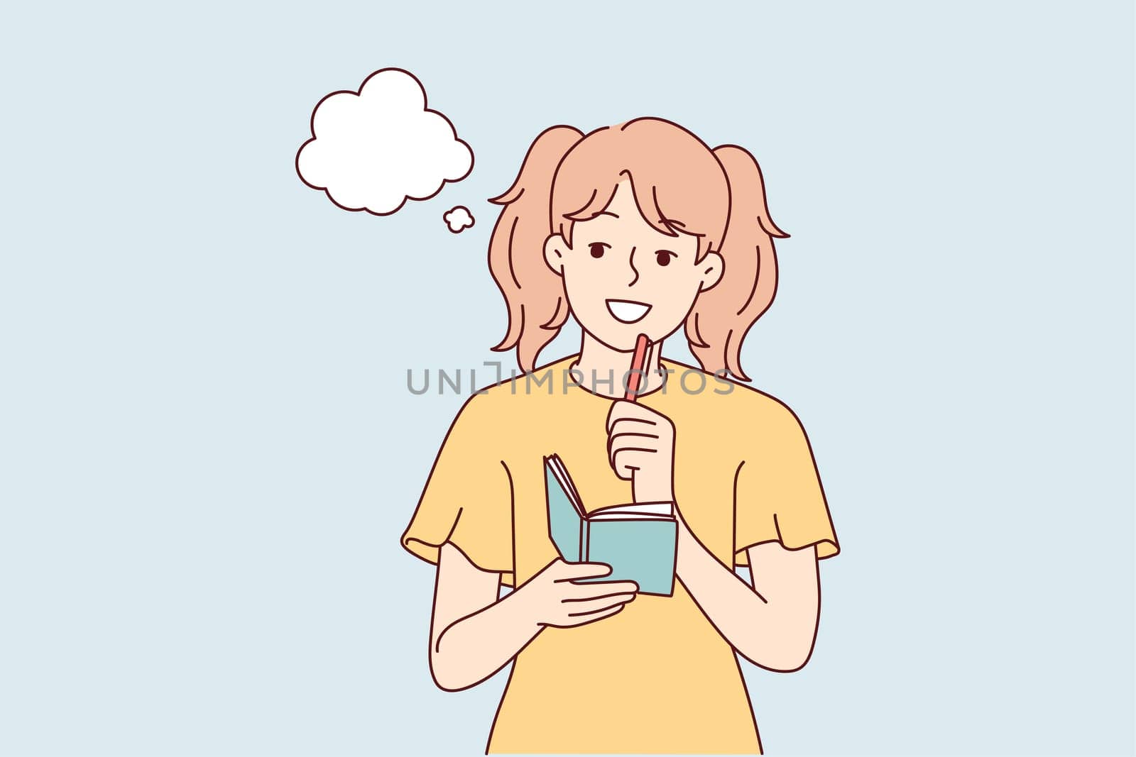 Smiling girl take notes in notebook make plans or dreams. Happy child handwrite in notepad brainstorming or daydreaming. Vector illustration.