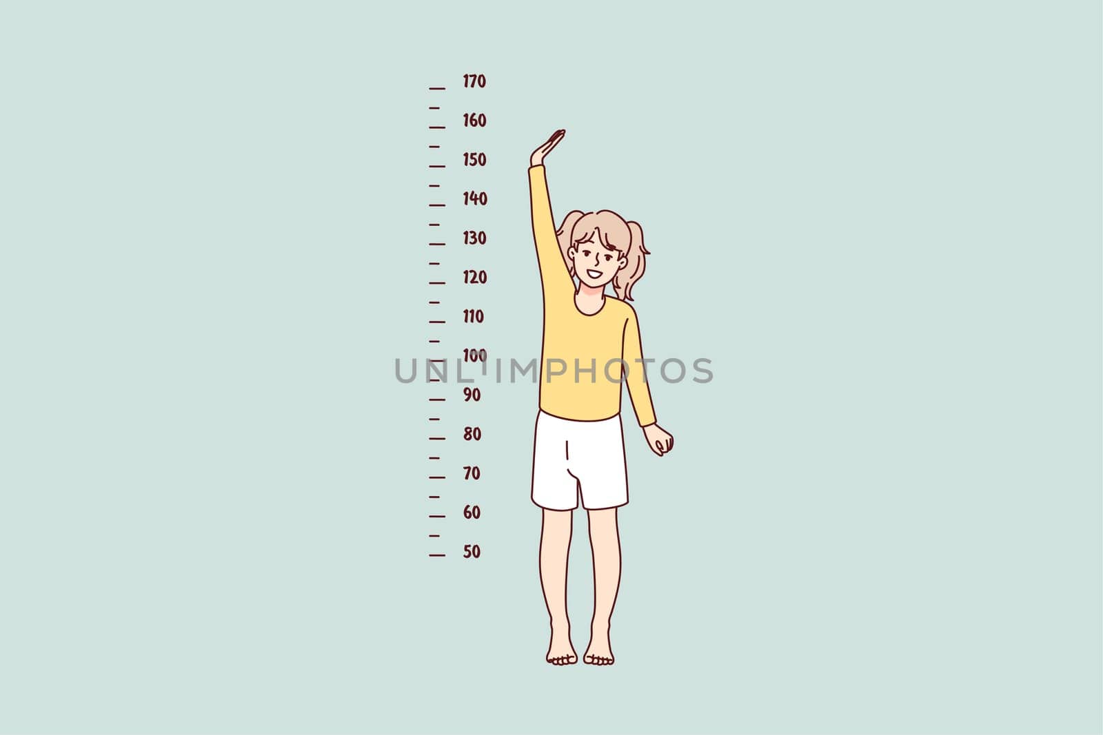 Small girl child show height standing near measuring tape on wall. Little kid growing showing how tall she is. Childhood aging concept. Vector illustration.