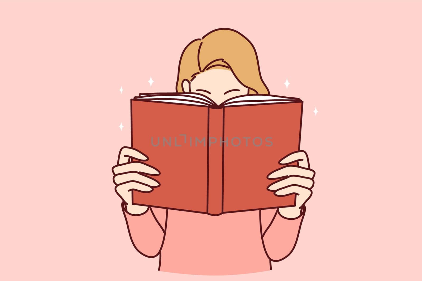 Young woman with book enjoy reading. Engaged girl with textbook lost in literature. Bookworm and hobby. Vector illustration.