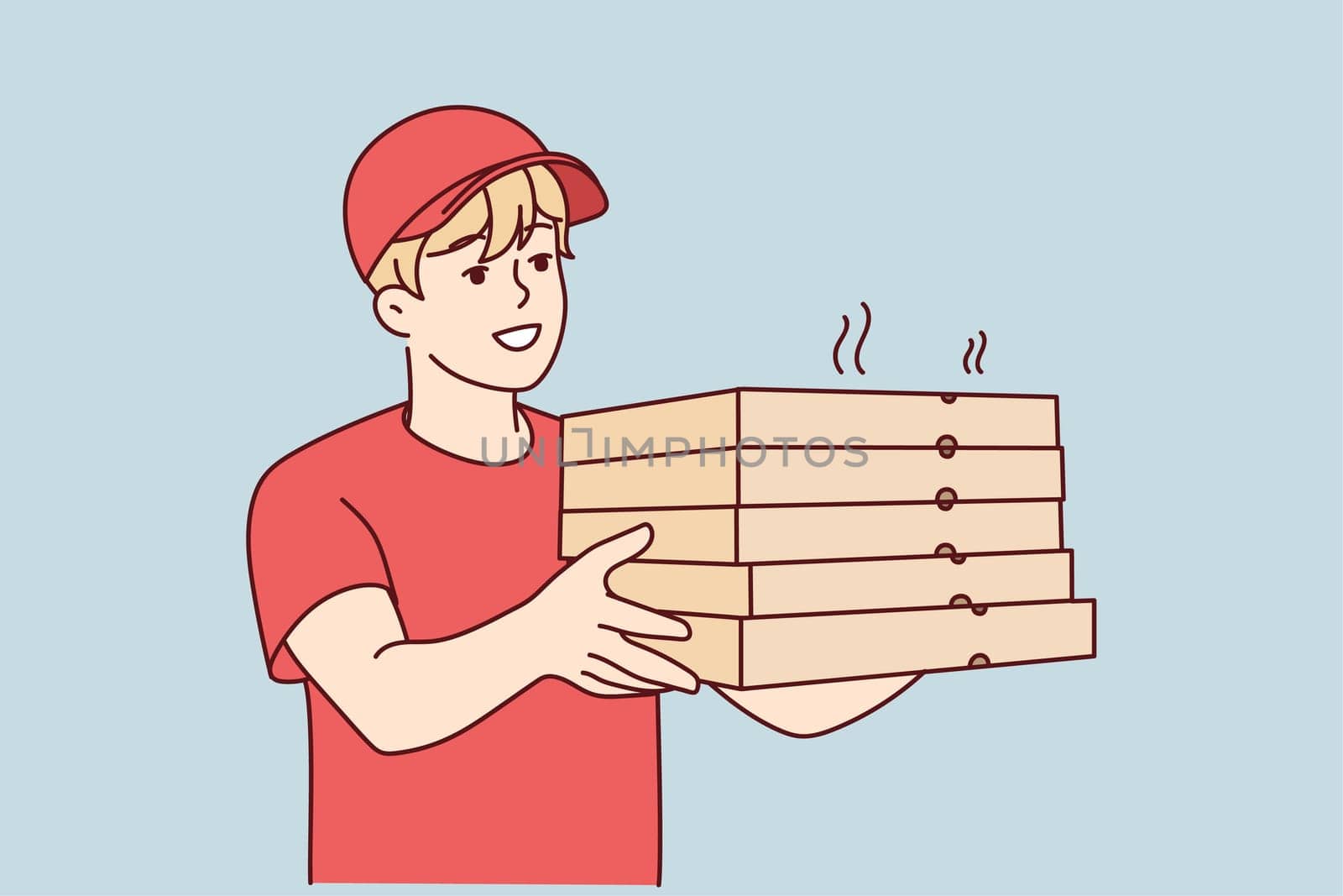 Smiling male courier in uniform deliver hot pizza to client. Happy deliveryman with pizza boxes in hands. Food delivery service. Vector illustration.