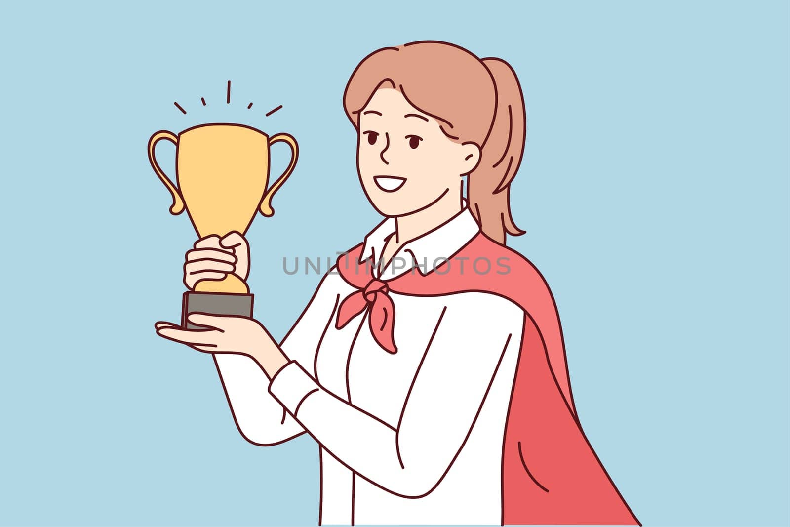 Portrait of smiling young female employee holding golden prize in hands celebrate business promotion or triumph. Happy businesswoman with award. Vector illustration.