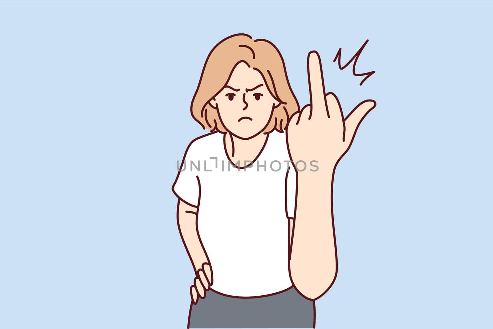 Furious young woman show fuck you gesture. Angry girl demonstrate middle finger. Nonverbal communication. Vector illustration.