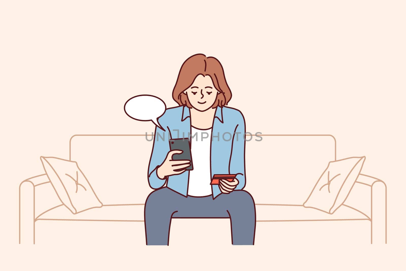 Young woman sit on sofa at home buying online on cellphone pay with credit card. Smiling girl shopping pay on smartphone with application. Vector illustration.