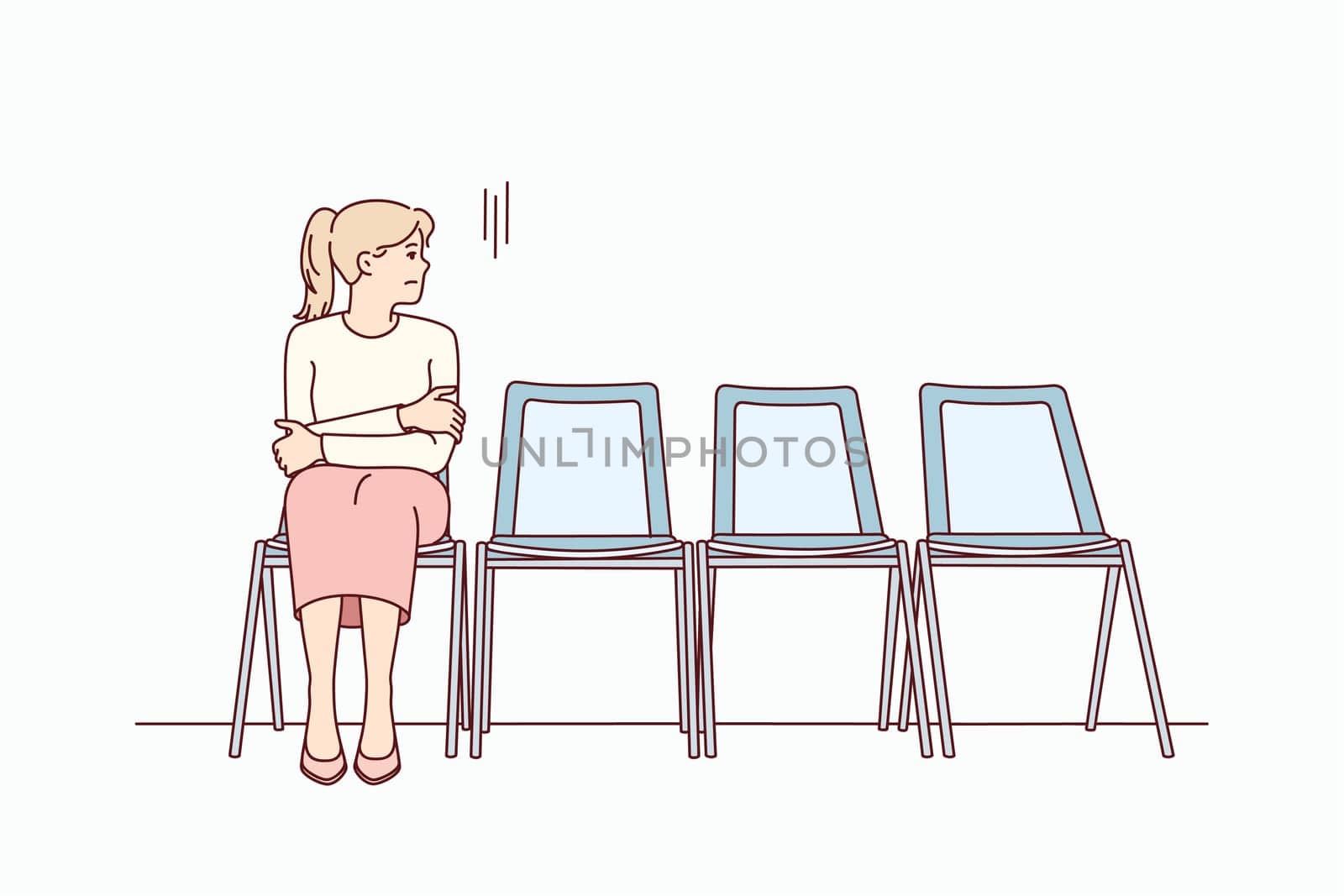 Anxious young woman sit on chair in corridor waiting or appointment. Stressed female feel worried wait in line in hallway. Vector illustration.