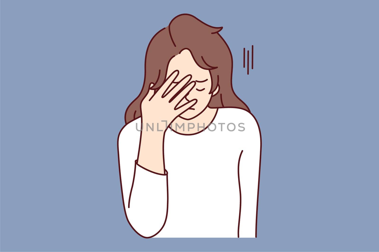 Unhappy young woman make hand gesture suffer from bad news. Upset female struggle with migraine or headache. Vector illustration.