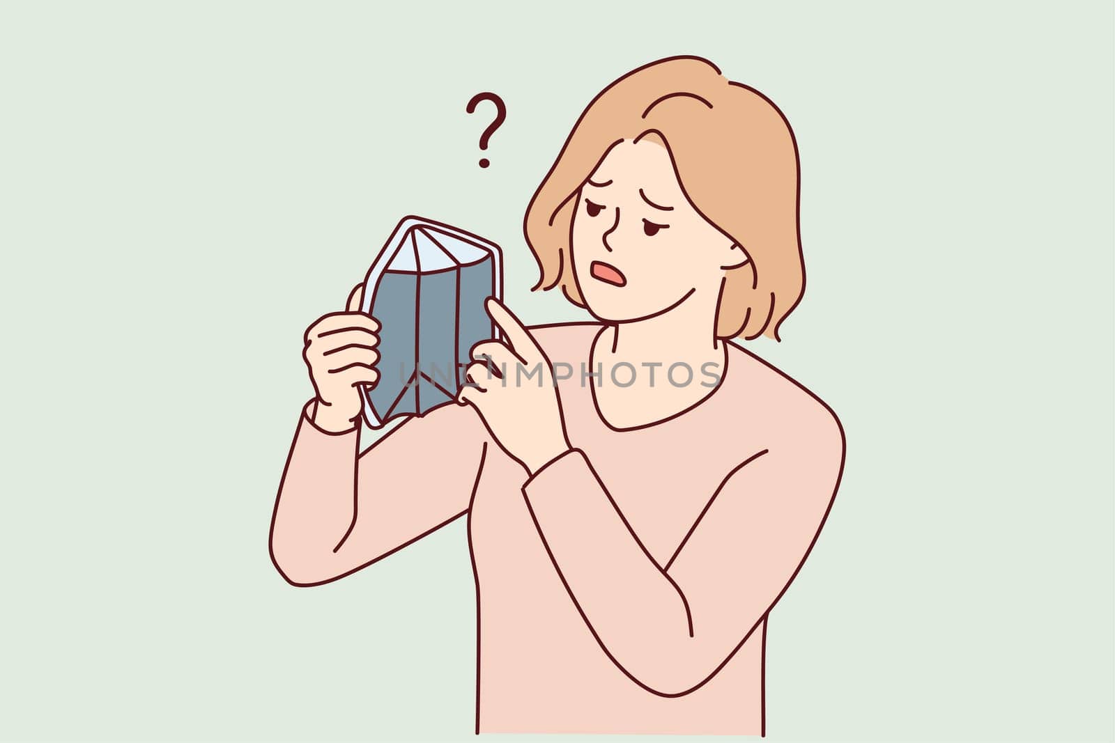 Distressed young woman with empty wallet suffer from bankruptcy. Unhappy poor girl struggle with poverty and money lack. Vector illustration.