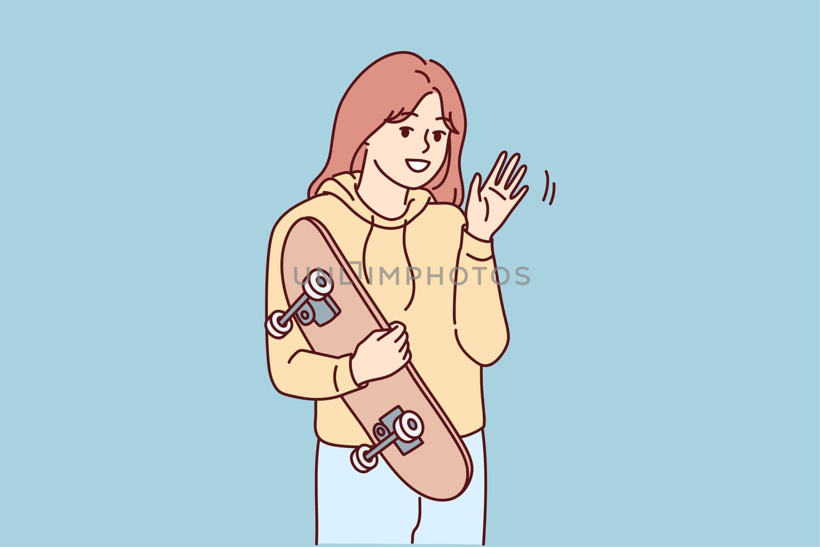 Portrait of smiling millennial girl with skateboard posing outdoors. Happy young woman with board enjoy sport activity. Skateboarder hobby. Vector illustration.