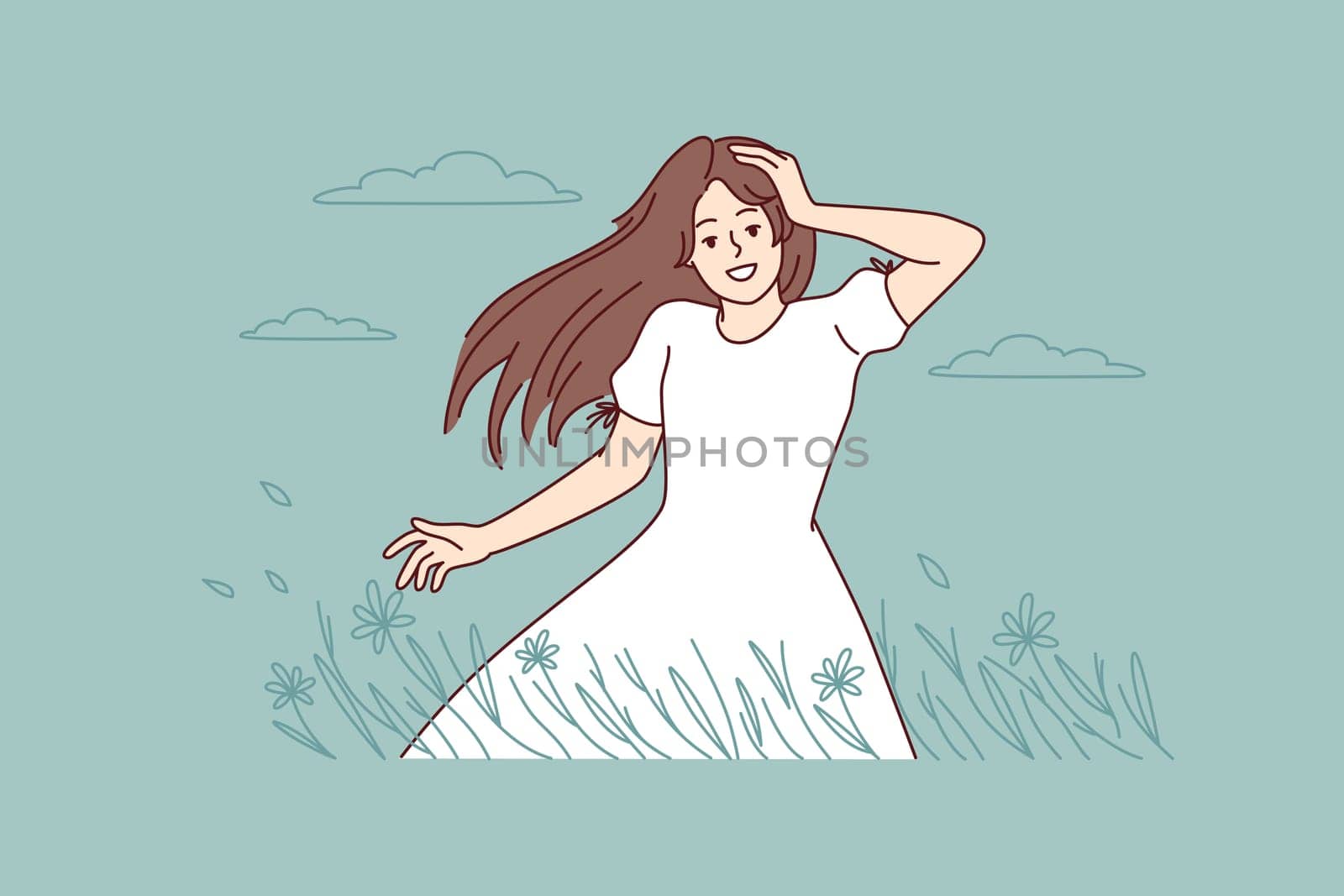 Happy young woman walking in summer field enjoying goo day. Smiling girl in countryside have recovery from mental illness. Vector illustration.