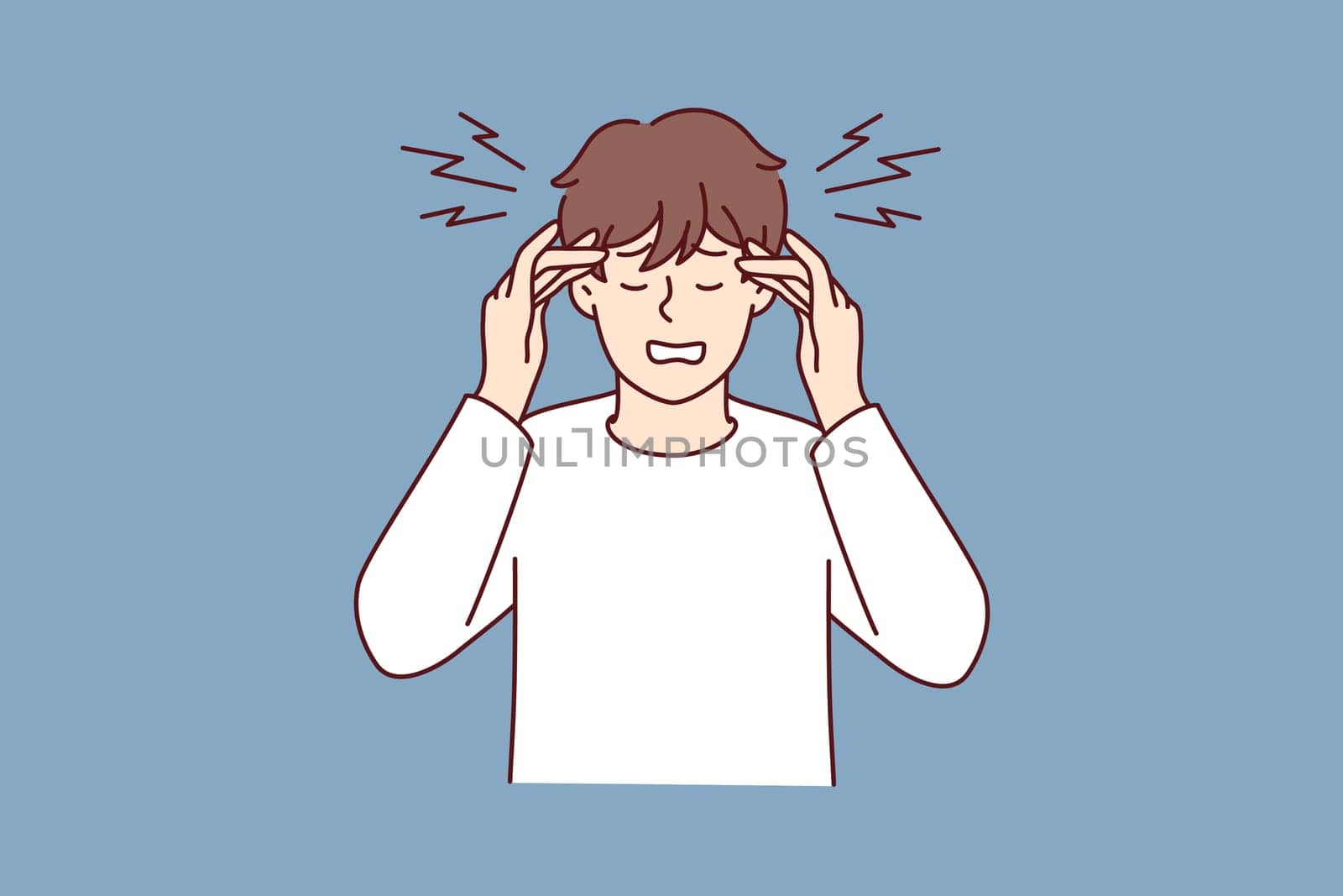 Stressed young man suffer from headache or migraine. Unhealthy distressed male struggle with dizziness and spasm. Stress and anxiety. Vector illustration.