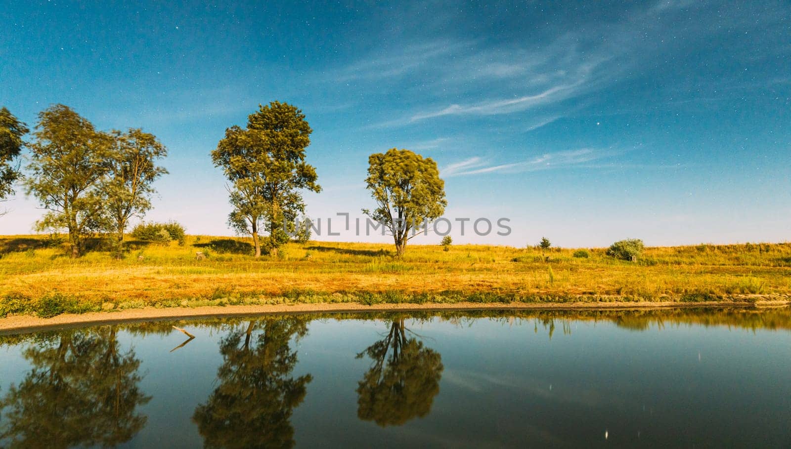 Blue Night Starry Sky Above Lake River. Night Glowing Stars And Trees Woods Reflected In Water. Beautiful Night Landscape With Natural Glowing Stars