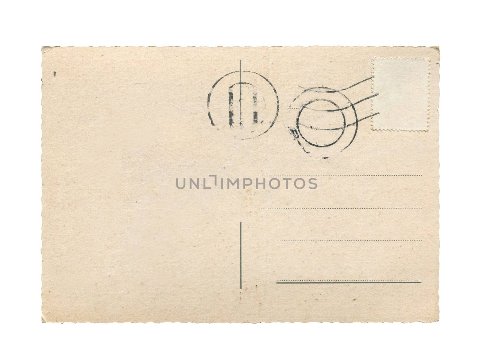 front view closeup of old vintage empty aged paper postcard texture with faded stamp print and brown stains isolated on white