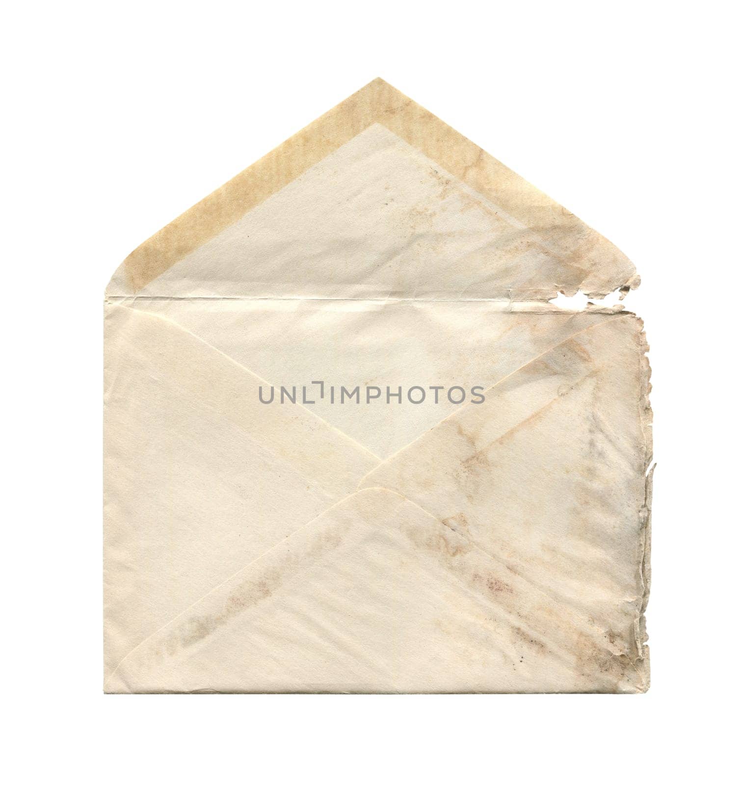 front view closeup of blank old aged vintage open letter paper postage envelope with torn edges and wrinkled grunge texture isolated on white background