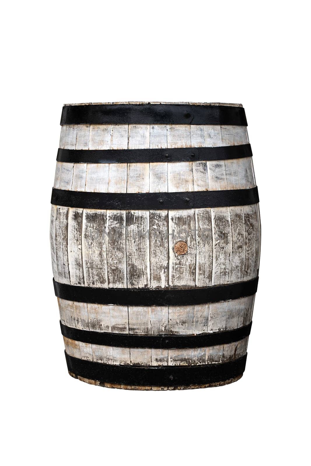 front view closeup of wine barrel with wood painted white and black metal stripes isolated