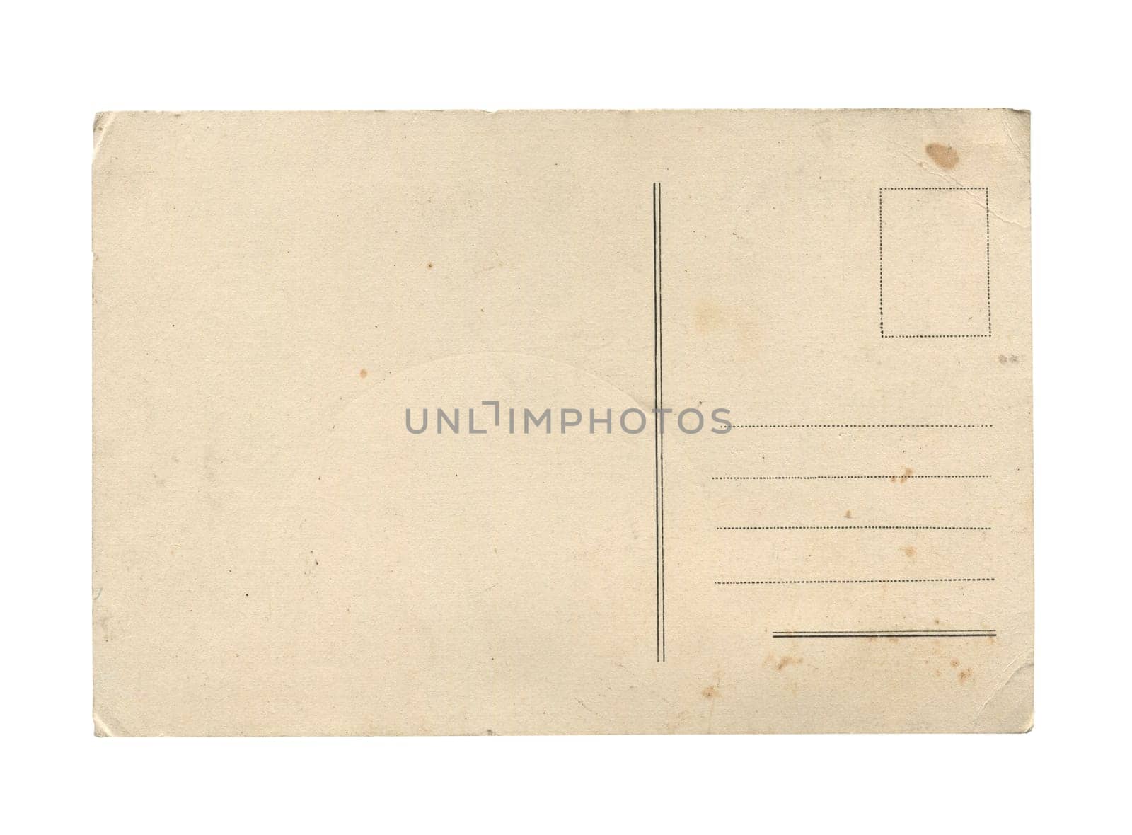 front view closeup of old vintage empty aged paper postcard texture with faded stamp print and brown stains isolated on white