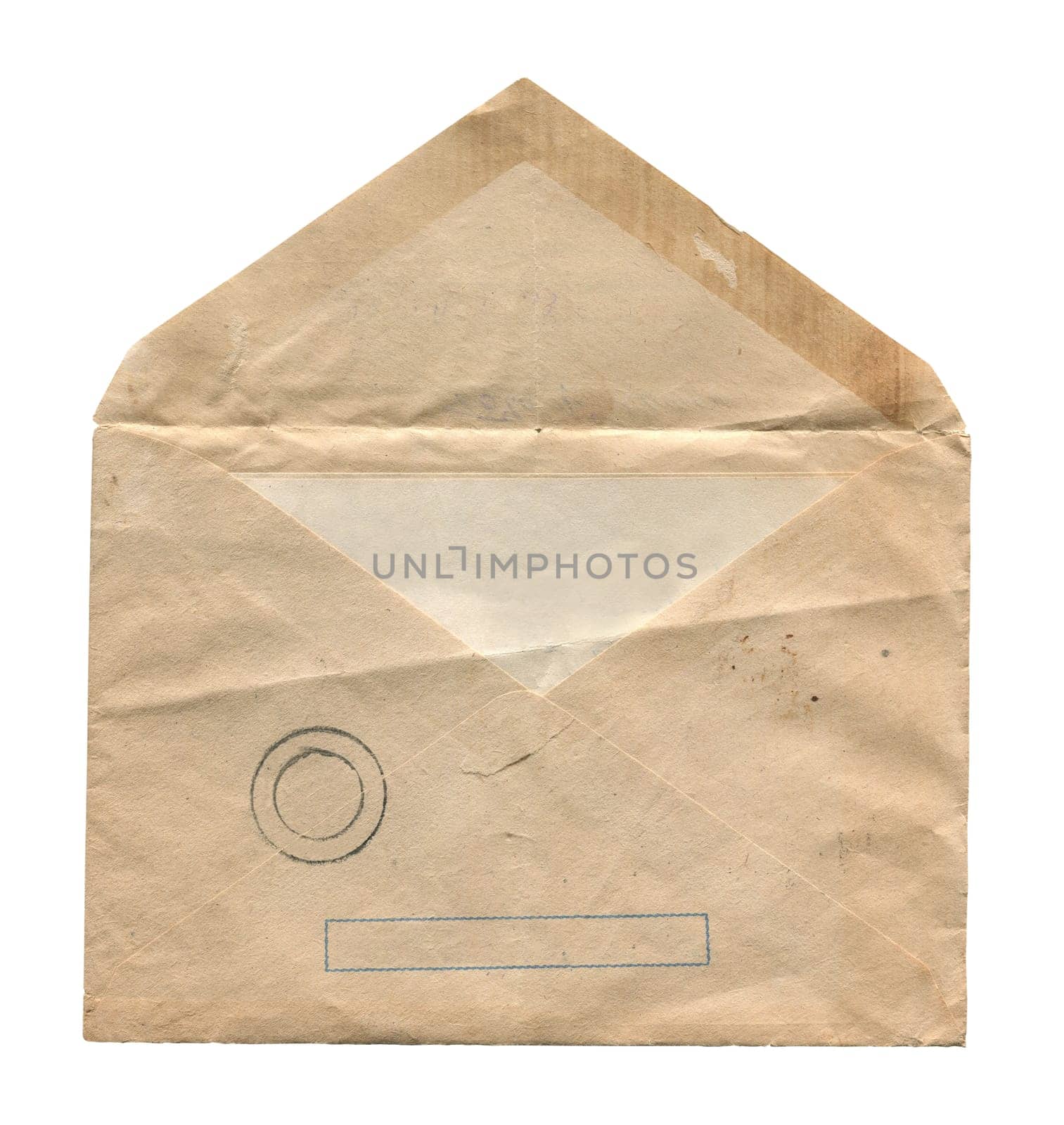 front view closeup of blank old aged vintage open letter paper postage envelope with torn edges faded stamp print and wrinkled grunge texture isolated on white background