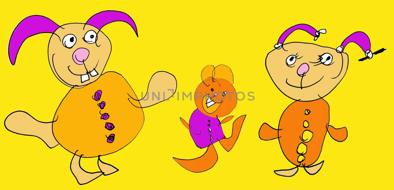 Childs Drawing of the happy family of Rabbits against the yellow background