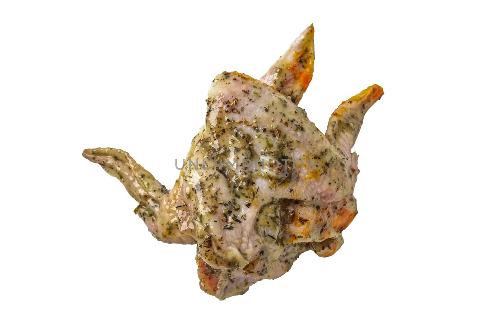Raw piece of chicken with spice and sauce prepered for barbecue. Gastronomy template isolated on white background.