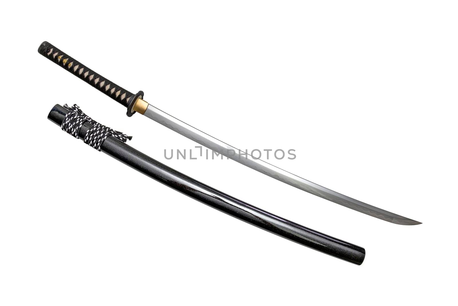 Japanese sword steel fitting and black silk cord with glossy black scabbard isolated in white background. Selective focus.