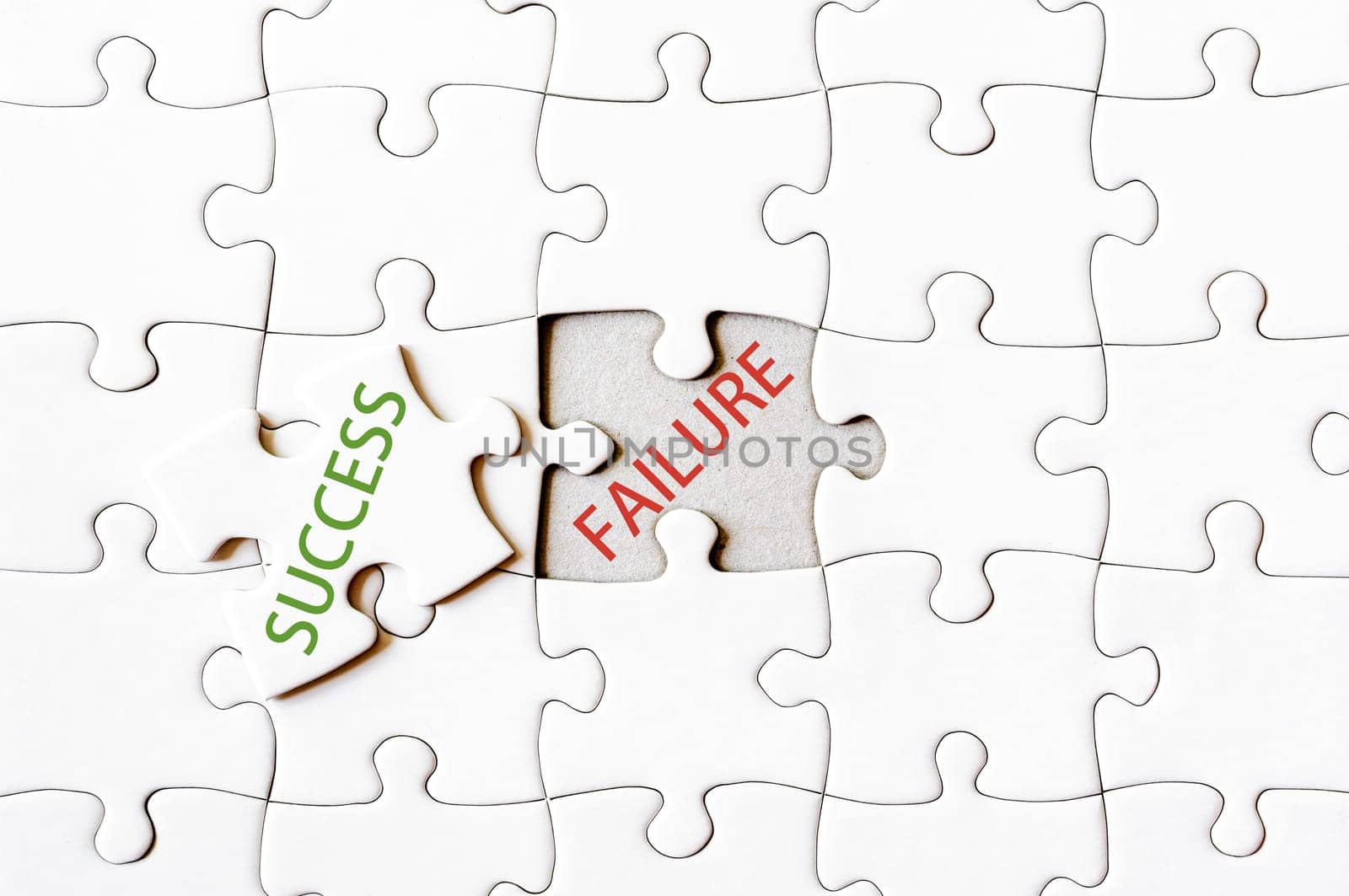 Missing jigsaw puzzle piece with word SUCCESS, covering text FAILURE.  Business concept image for completing the final puzzle piece.